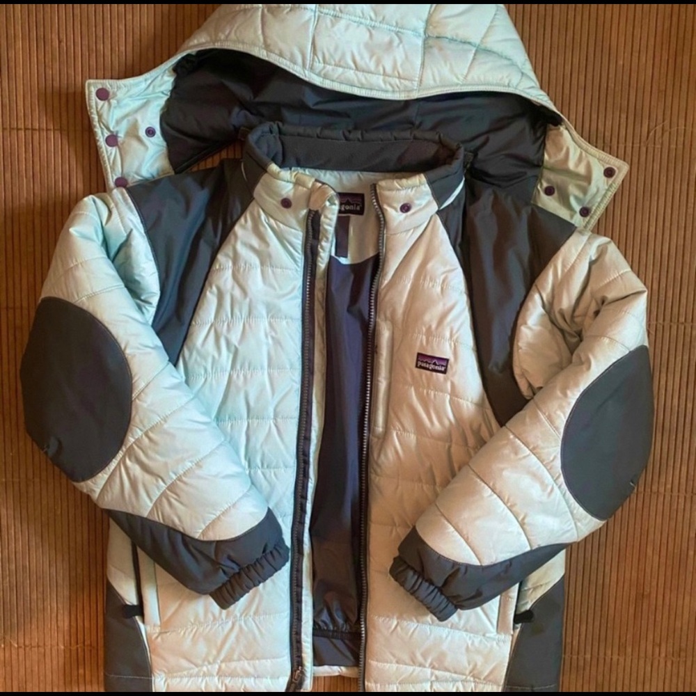 Patagonia sea foam green and grey puffer down jacket.